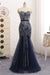 Navy Blue Tulle Sequins Strapless Long Mermaid Prom Dress - Prom Dresses