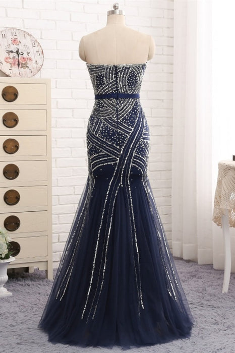 Navy Blue Tulle Sequins Strapless Long Mermaid Prom Dress - Prom Dresses