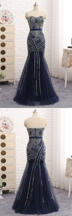 Navy Blue Tulle Sequins Strapless Long Mermaid Prom Dress - Prom Dresses