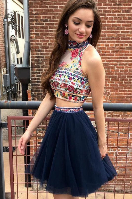 Navy Blue Two Piece Embroidery High Neck Open Back Sleeveless Tulle Homecoming Dresses - Prom Dresses