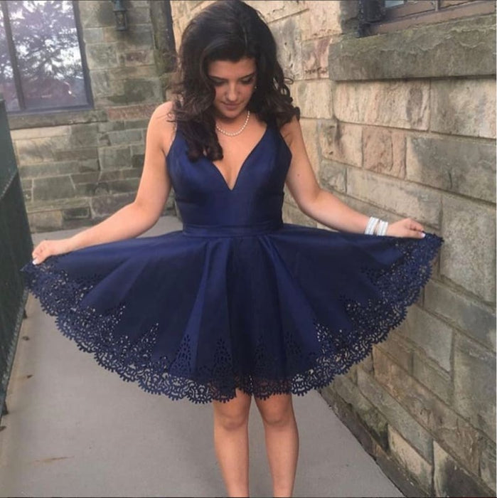 Navy Blue V Neck Lace Short Prom Dresses, Navy Blue Lace Homecoming Dresses, Lace Navy Blue Short Formal Graduation Evening Dresses