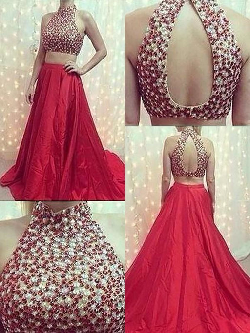 Neck Sleeveless Satin Sweep/Brush Train With Beading Two Piece Dresses - Prom Dresses