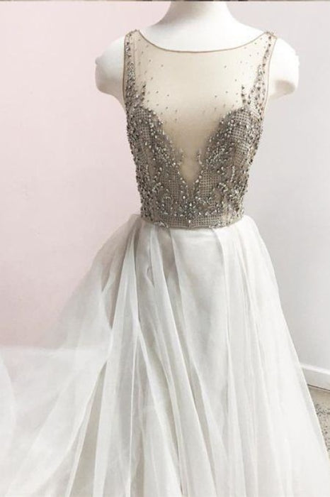 Neckline Sleeveless Long Prom with Beads A Line Tulle Wedding Dress - Prom Dresses