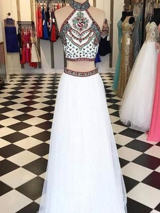 Net Halter Sleeveless Floor-Length With Beading Two Piece Dresses - Prom Dresses