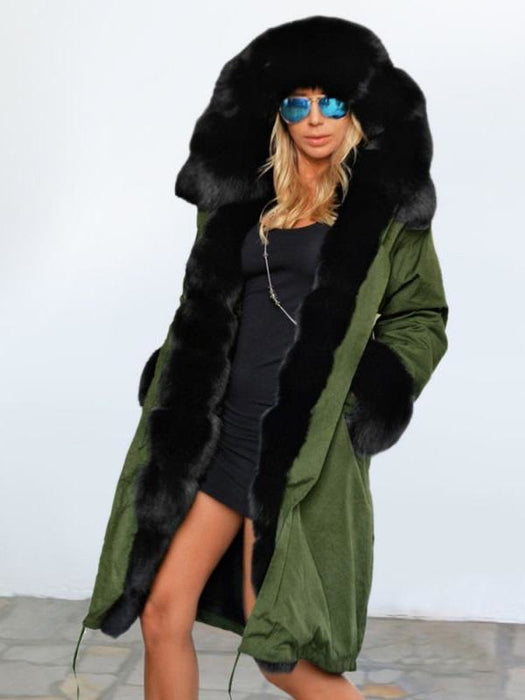 New Army Green Faux Fur-trimmed long-length Faux Fur Coats - Black / S - womens furs & leathers