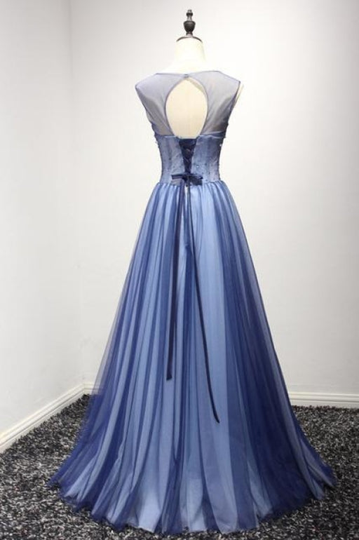 New Arrival A Line Cheap Sheer Neck Prom with Rhinestones Long Tulle Party Dress - Prom Dresses