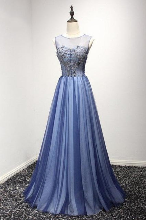 New Arrival A Line Cheap Sheer Neck Prom with Rhinestones Long Tulle Party Dress - Prom Dresses