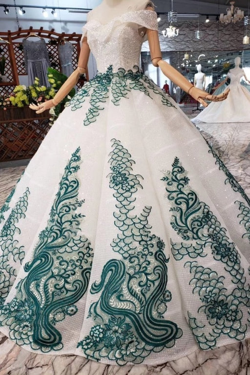 New Arrival Ball Gown Off the Shoulder Prom with Green Appliques Quinceanera Dress - Prom Dresses