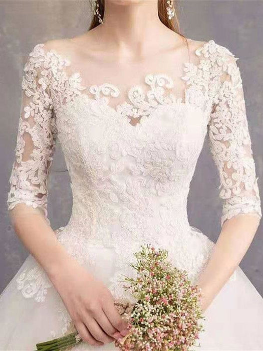 Cheap Wedding Dresses Eric White Jewel Neck Half-Sleeve Soft Tulle Lace Up Floor Length Bride Dresses
