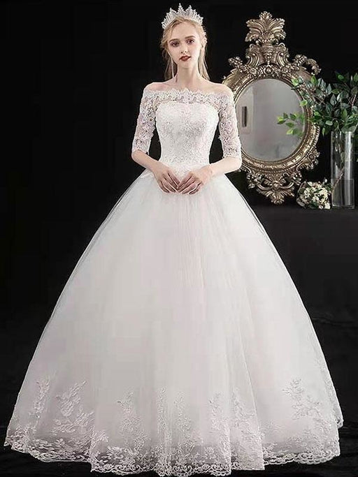 Cheap Wedding Dresses Eric White Off The Shoulder Half Sleeves Ball Gown Soft Tulle Lace Up Floor Length Bride Dresses