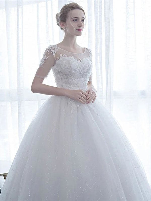Cheap Wedding Dresses Eric White Off The Shoulder Short Sleeves Soft Tulle Lace Up Floor Length Bride Dresses