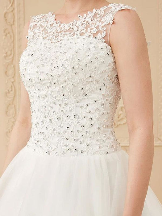 Cheap Wedding Dresses White Jewel Neck Sleeveless Soft Tulle Lace Up Floor Length Bride Dresses