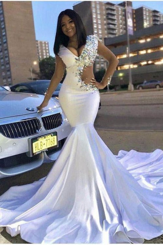 New Crystals Cutout V-neck White Mermaid Prom Dress - Prom Dresses