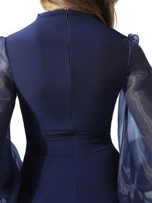 Evening Dress Navy Blue Mermaid V Neck With Train Long Sleeves Zipper Sash Stretch Crepe Social Party Dresses(APP ExclusivePrice  $153.99)