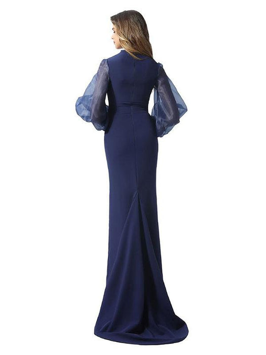 Evening Dress Navy Blue Mermaid V Neck With Train Long Sleeves Zipper Sash Stretch Crepe Social Party Dresses(APP ExclusivePrice  $153.99)