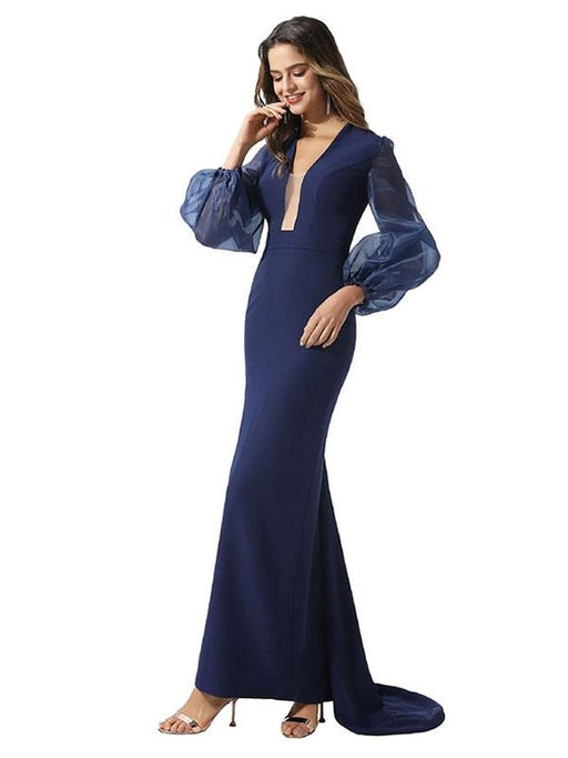 Evening Dress Navy Blue Mermaid V Neck With Train Long Sleeves Zipper Sash Stretch Crepe Social Party Dresses(APP ExclusivePrice  $153.99)