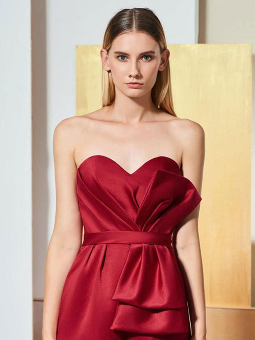 Evening Dress Red Sweetheart Neck Sleeveless Zipper Bows Satin Fabric Formal Party Dresses One PIece Outfit