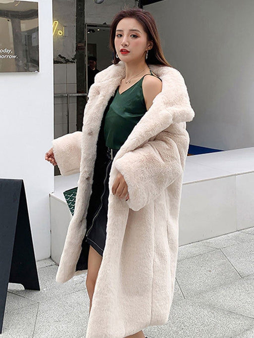 Faux Fur Coats Apricot Long Sleeves Jewel Neck Women Long Coat