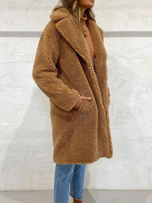 Faux Fur Coats Coffee Brown Long Sleeves Oversized Zipper Women Wrap Coat