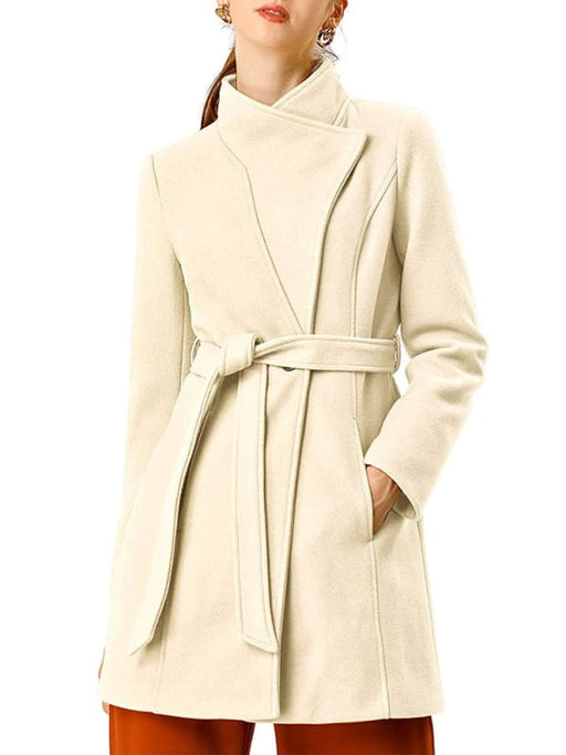 Faux Fur Coats For Women Casual Windbreaker Stand Collar Long Sleeves Lace Up Ivory Winter Coat