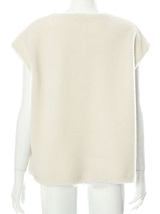 Faux Fur Coats For Women Ecru White Sleeveless Polyester Oversized Overcoat