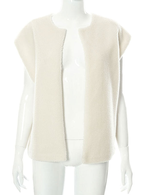 Faux Fur Coats For Women Ecru White Sleeveless Polyester Oversized Overcoat