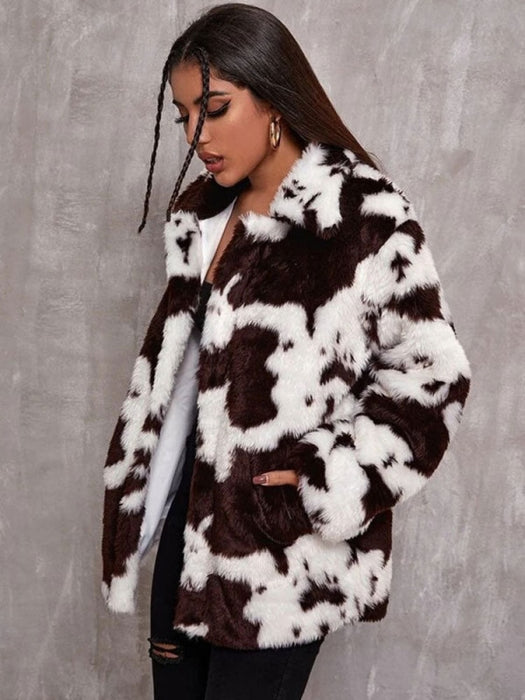Faux Fur Coats For Women Long Sleeves Casual Cow Printed Stretch Turndown Collar White Women Coat