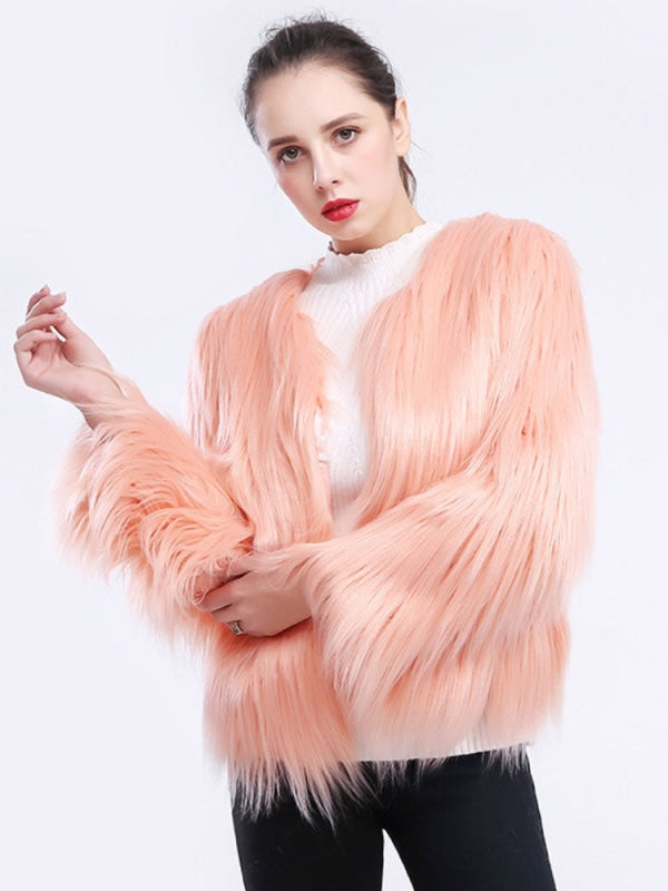 Faux Fur Coats For Women Long Sleeves Casual Stretch Jewel Neck Pink Short Winter Coat