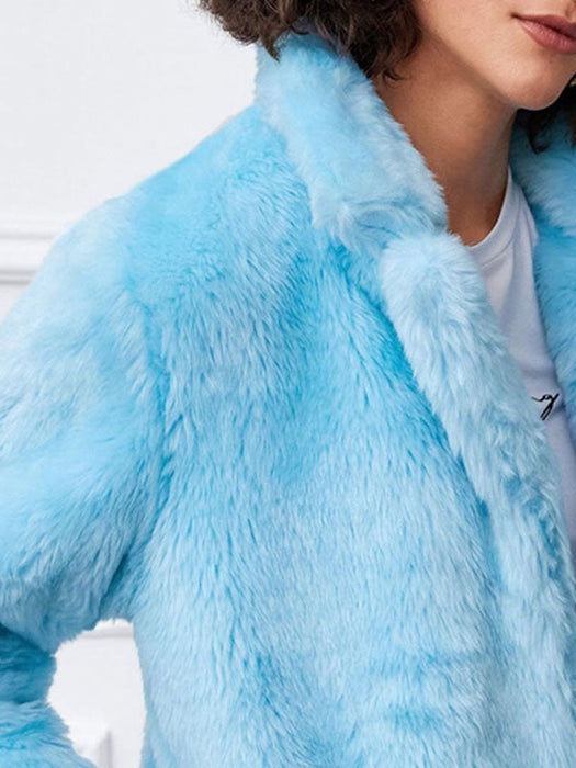 Faux Fur Coats For Women Long Sleeves Casual Stretch Turndown Collar Light Sky Blue Short Coat