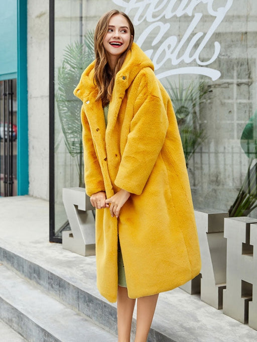 Faux Fur Coats For Women Long Sleeves Casual Stretch Turndown Collar Orange Yellow Long Coat