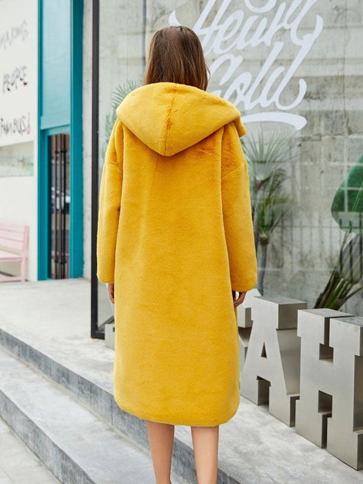 Faux Fur Coats For Women Long Sleeves Casual Stretch Turndown Collar Orange Yellow Long Coat