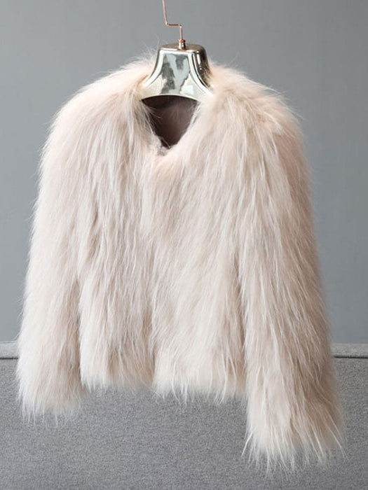 Faux Fur Coats For Women Long Sleeves Casual V Neck Polyester Apricot Women Coat