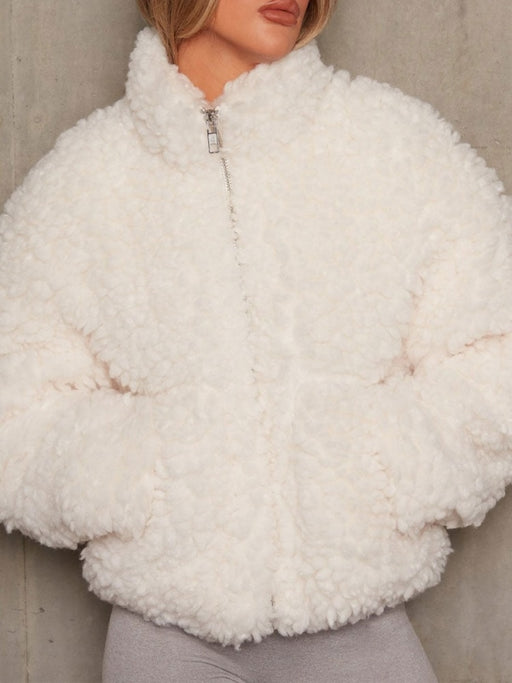 Faux Fur Coats For Women Long Sleeves High Collar Casual Stretch White Winter Short Coat