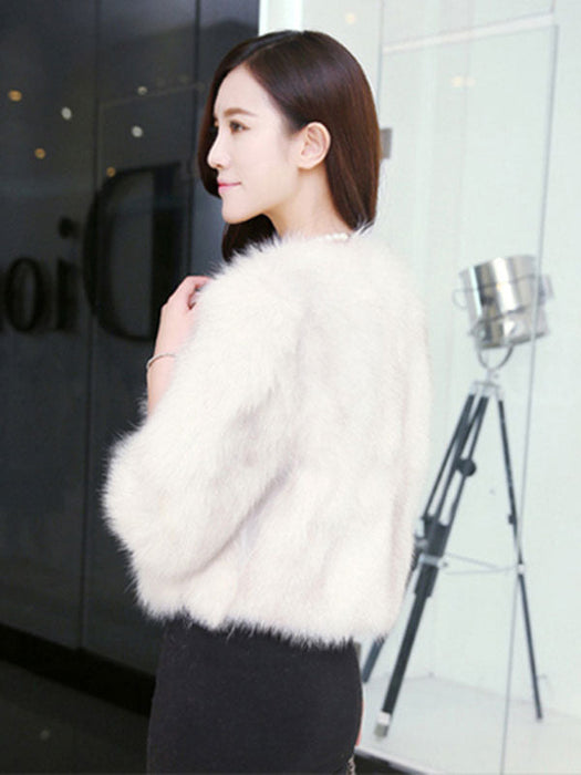 Faux Fur Coats For Women Long Sleeves Jewel Neck Hunter Green Casual Women Short Coat
