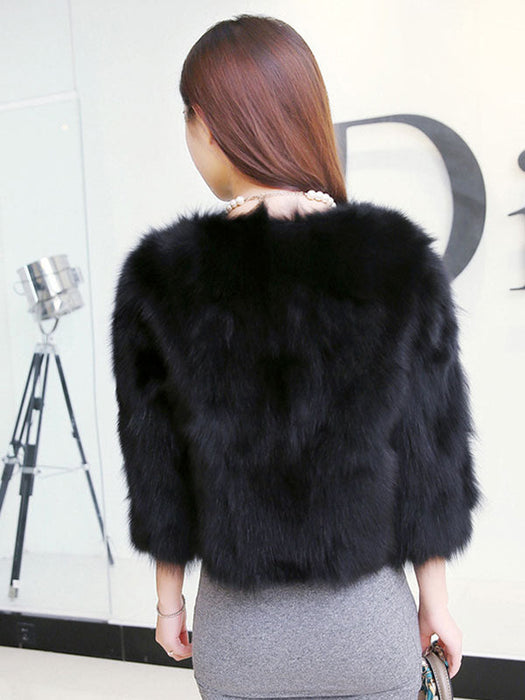 Faux Fur Coats For Women Long Sleeves Jewel Neck Hunter Green Casual Women Short Coat