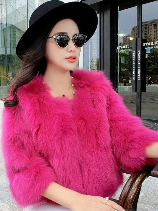 Faux Fur Coats For Women Long Sleeves Jewel Neck Hunter Green Casual Women Short Coat