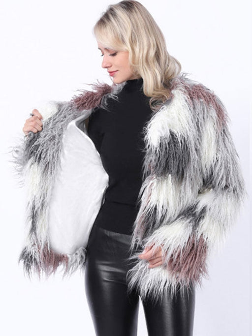 Faux Fur Coats For Women Long Sleeves Tie Dye Oversized Jewel Neck White Winter Coat