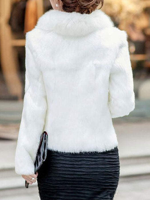 Faux Fur Coats For Women Long Sleeves V-Neck Black Casual Winter Coat