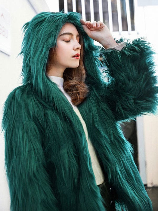 Faux Fur Coats For Women Purple Long Sleeves Hooded Stretch Oversized Winter Coat