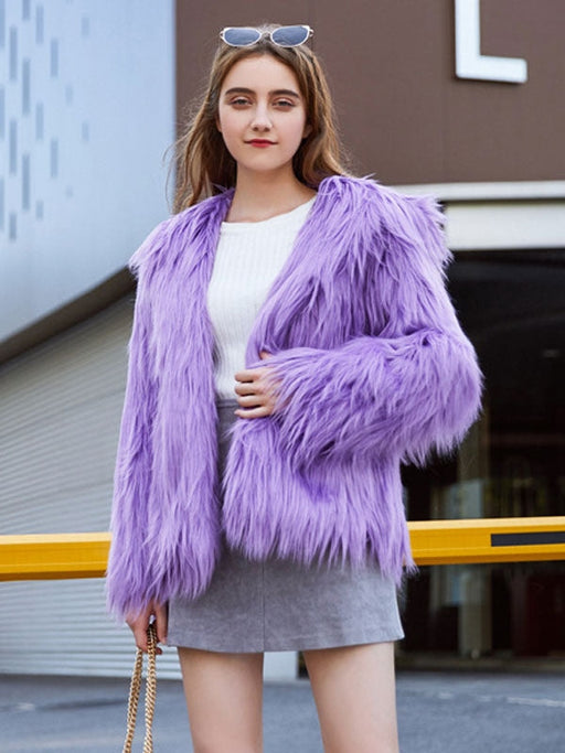 Faux Fur Coats For Women Purple Long Sleeves Hooded Stretch Oversized Winter Coat
