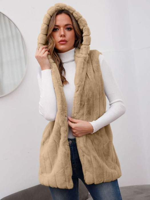 Faux Fur Coats For Women Sleeveless Casual Oversized Hooded Light Gray Winter Coat
