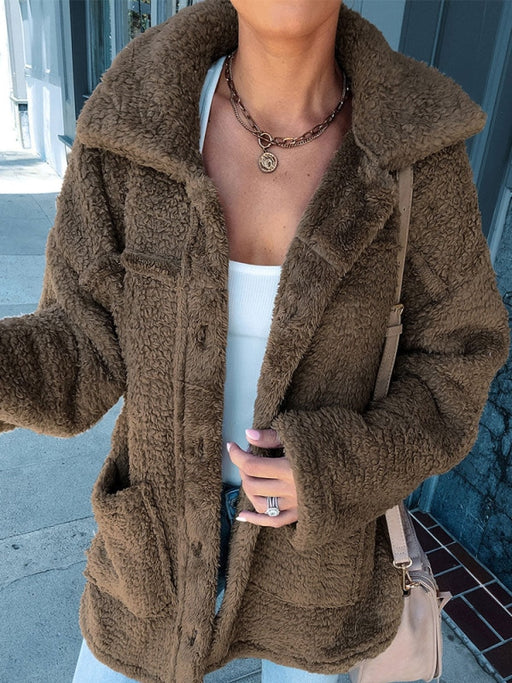 Faux Fur Coats Khaki Long Sleeves Oversized Front Button Women Winter Coat
