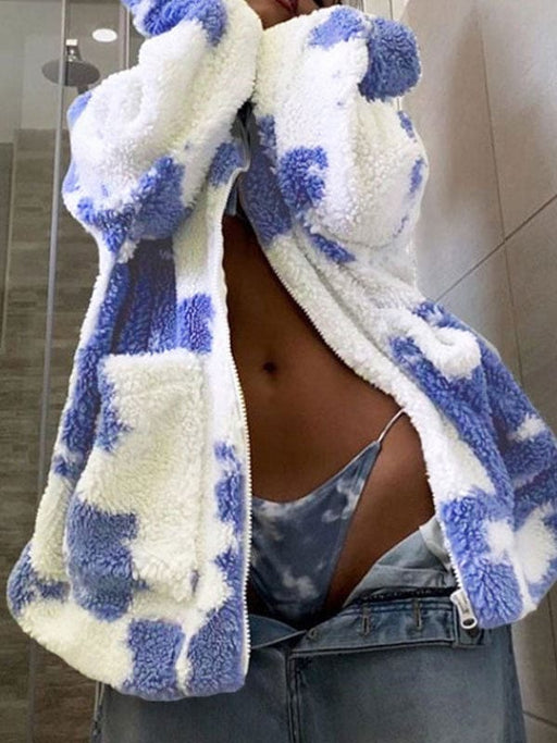 Faux Fur Coats Long Sleeves Casual Printed Oversized Turndown Collar Royal Purple Women Coat