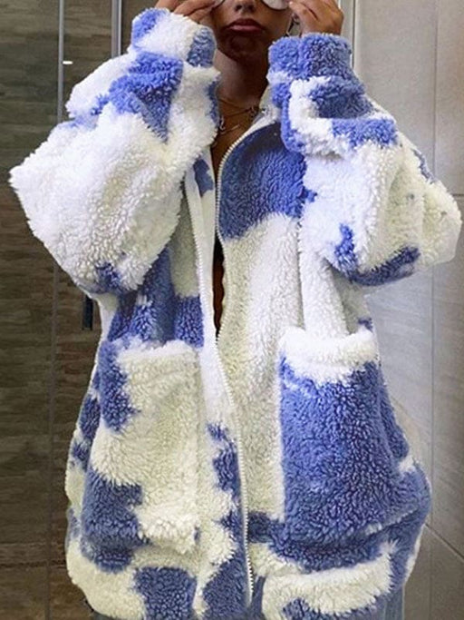 Faux Fur Coats Long Sleeves Casual Printed Oversized Turndown Collar Royal Purple Women Coat