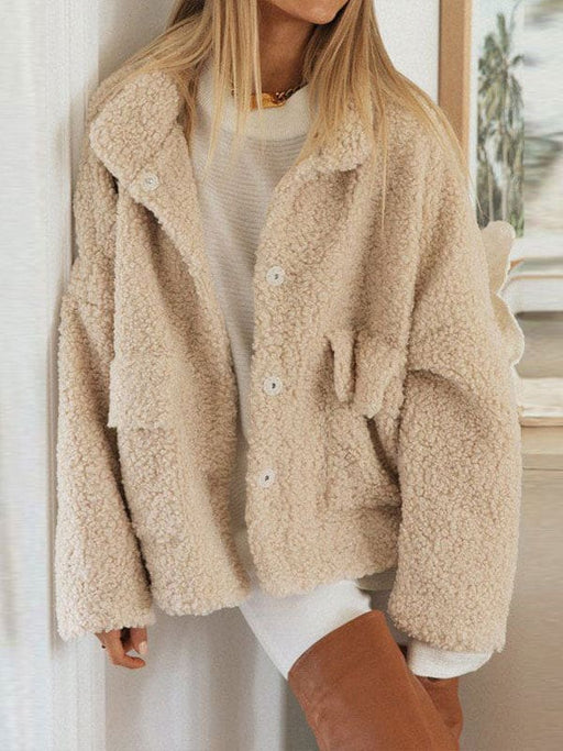 Faux Fur Coats Long Sleeves High Collar Light Apricot Casual Oversized Winter Coat