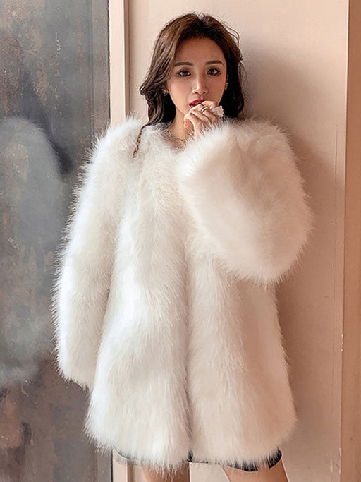 Faux Fur Coats Long Sleeves Polyester Casual Jewel Neck White Winter Coat