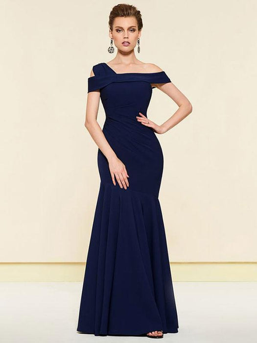 Navy Blue Evening Dress Mermaid Bateau Neck Stretch Crepe Pleated Formal Dinner Dresses Bridelily Navy Blue Evening Dress Mermaid Bateau Neck Stretch Crepe Pleated Formal Dinner Dresses Bridelily