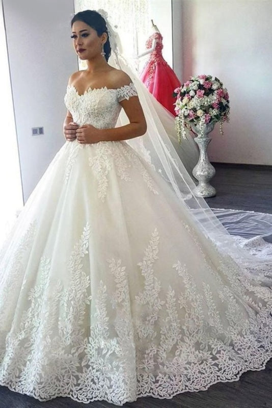 New Off The Shoulder Ivory Tulle Applique Sweep Train Wedding Dress - Wedding Dresses
