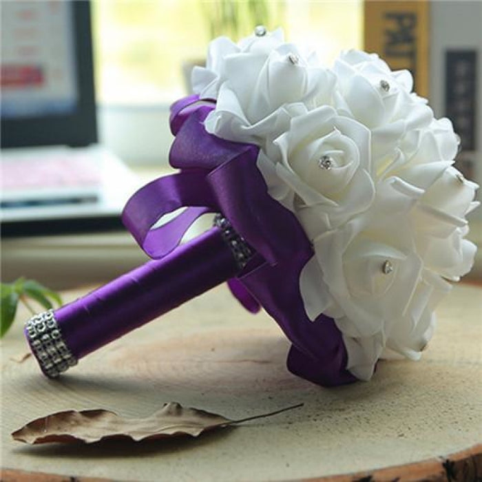 New Perals Wedding Bouquet with Ribbons - Purple - wedding flowers
