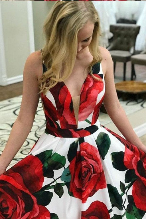 New Red Floral Cheap Deep V Neck Sweep Train Printed Prom Dress - Prom Dresses